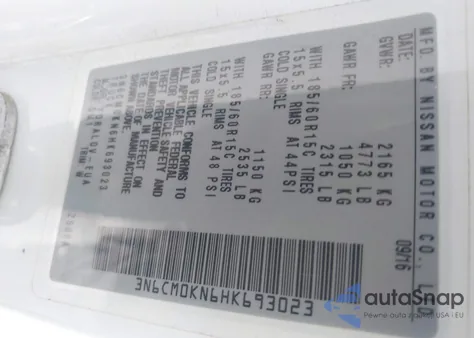 2017 Nissan Nv200 S z USA, uszkodzony, nr VIN 3N6CM0KN6HK693023